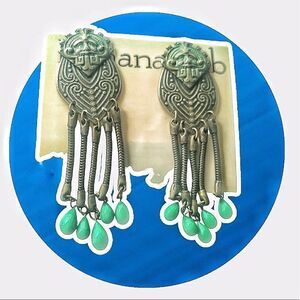 Vintage Banana Bob Aztec theme ox Gold green chandelier clip back earrings